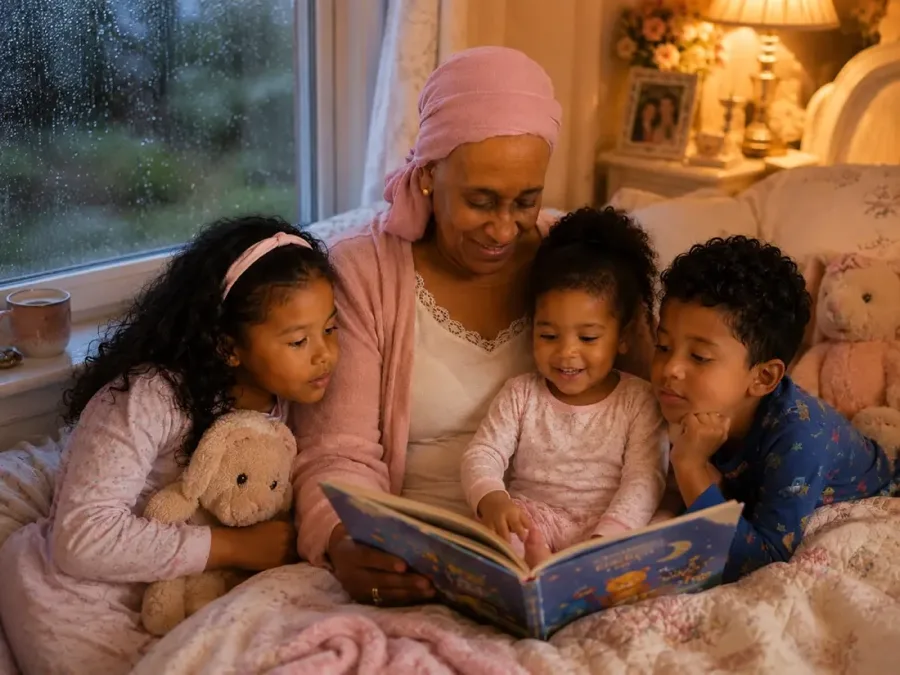 Eva reading a bedtime picture book with her grandchildren